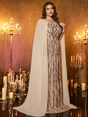 Champagne Chiffon Cape Strapless Sequin Plus‑Size Mermaid Formal Dress