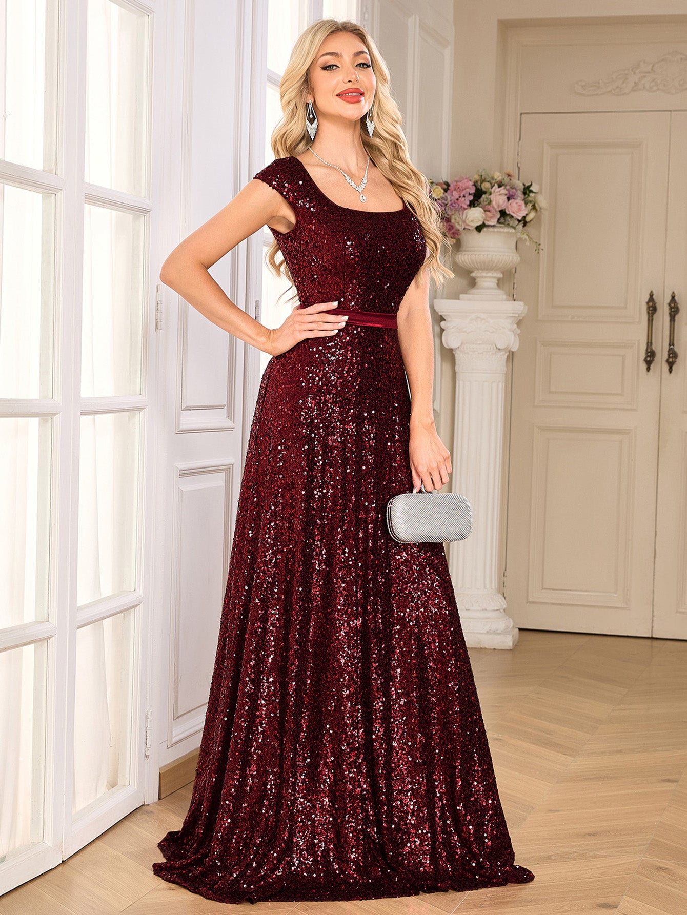 Burgundy Sequin Square Neck Cap Sleeve A Line Evening Gown