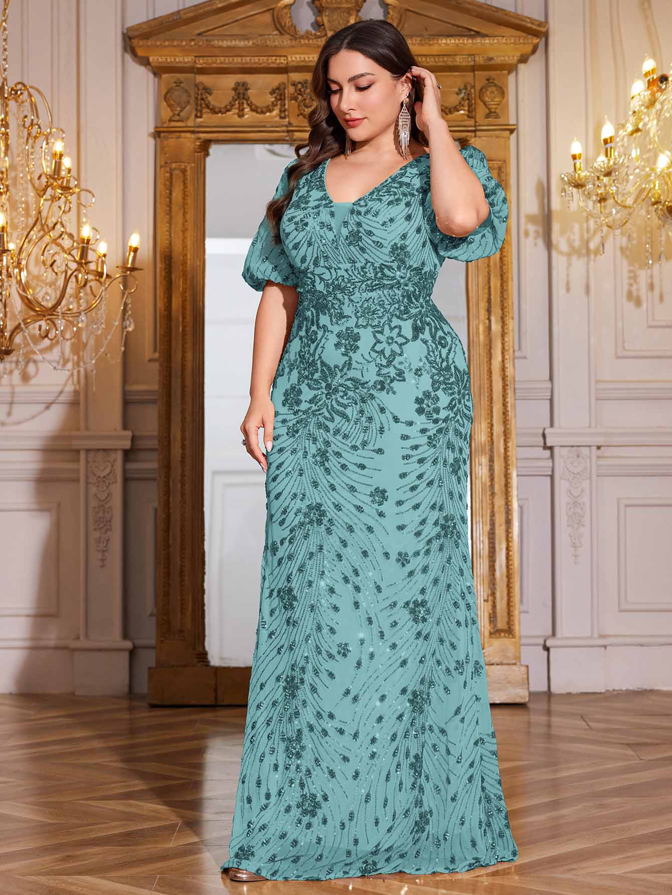 Navy Blue Sequin Puff Short Sleeve Mermaid Plus Size Evening Gown