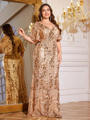 Champagne Gold Sequin Flutter Sleeve Mermaid Plus Size Evening Gown