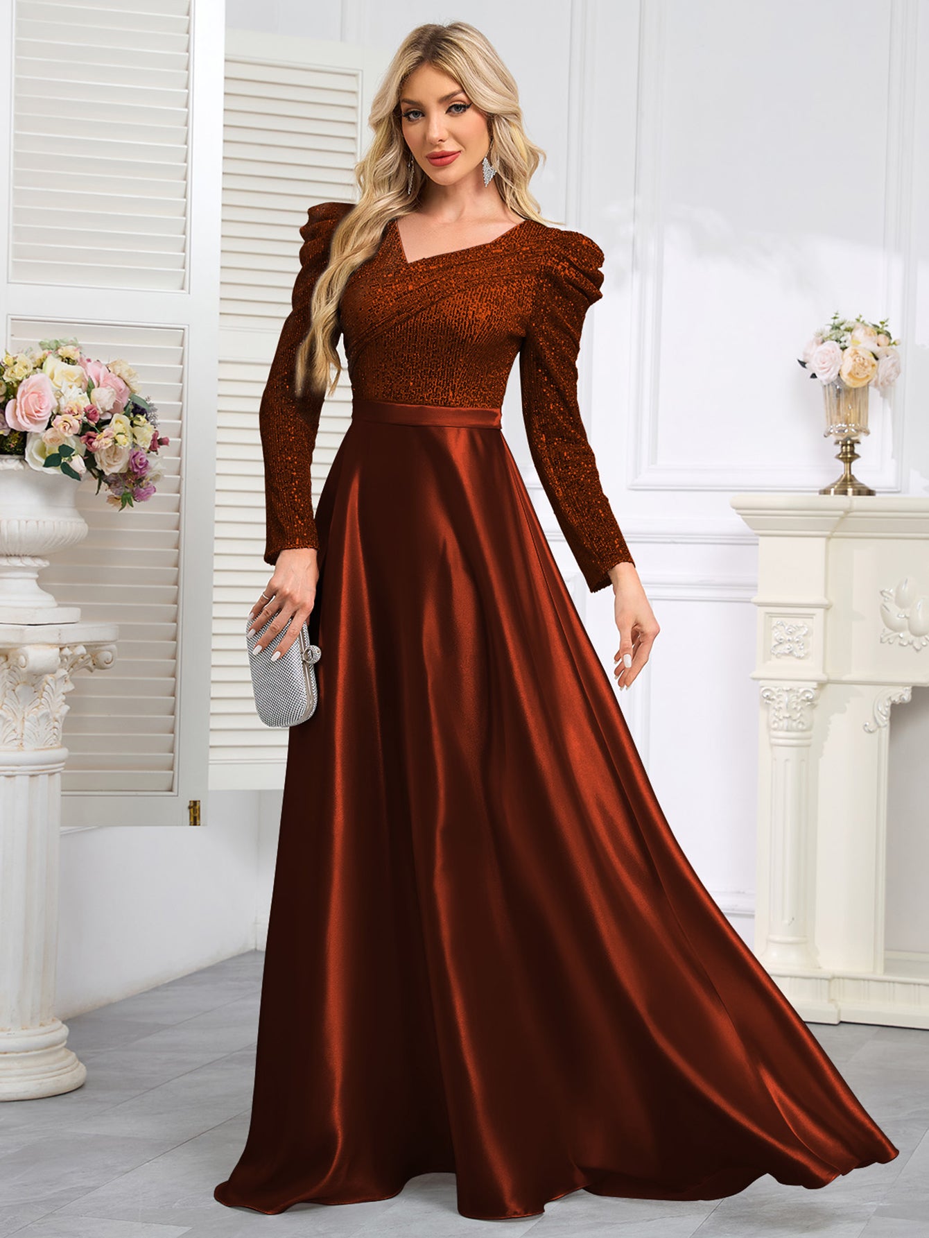 Dark Blue Satin Sequin Maxi Dress