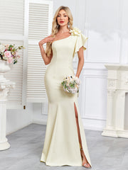 Cream One Shoulder Floral Mermaid Slit Evening Gown