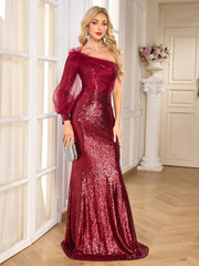Burgundy One Shoulder Bow Mesh Puff Sleeve Sequin Mermaid Maxi Dress