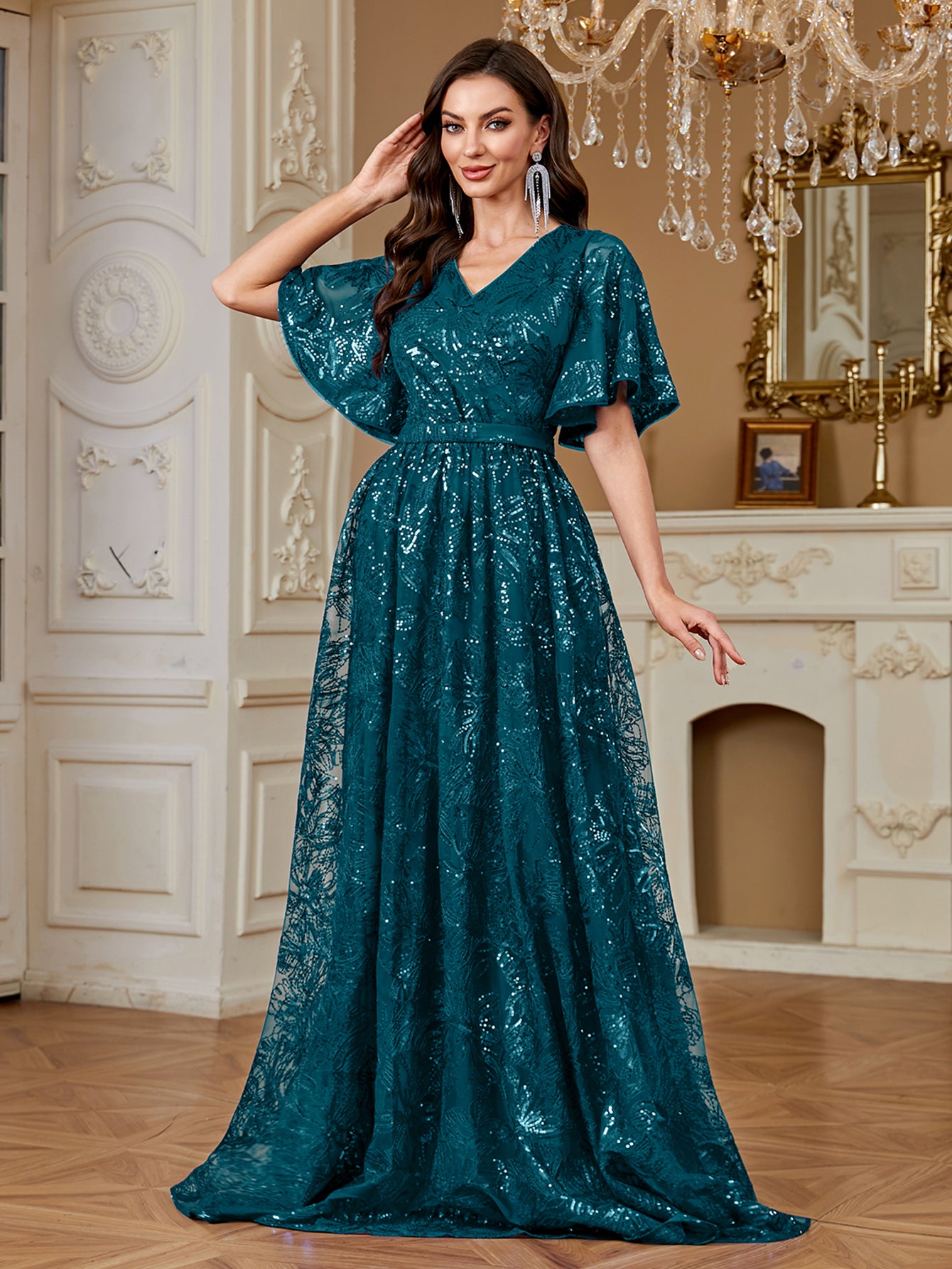 Elegant Formal Party Embroidered Sequin Long Dress