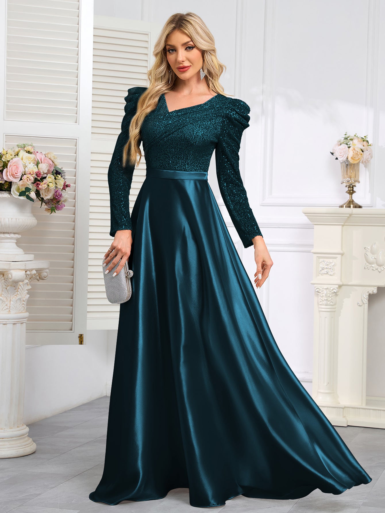 Dark Blue Satin Sequin Maxi Dress