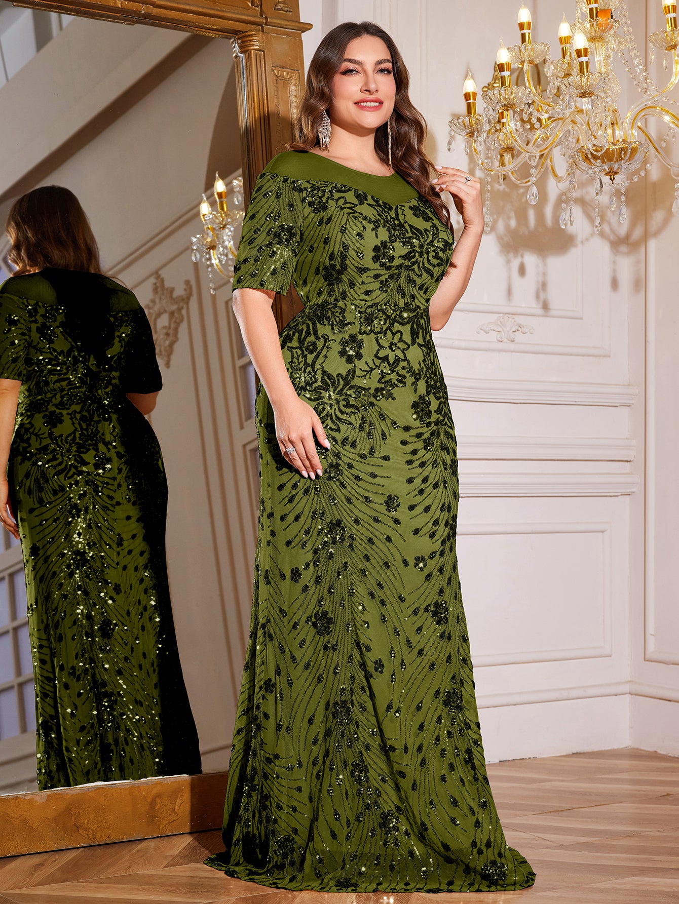 Teal Green Sequin Short Sleeve Mermaid Plus Size Evening Gown
