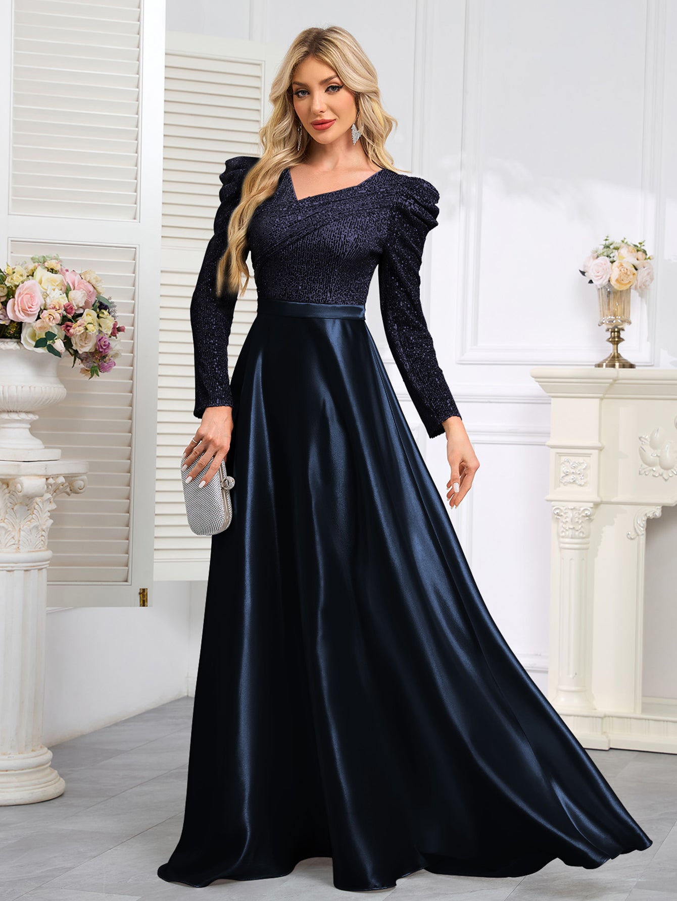 Dark Blue Satin Sequin Maxi Dress
