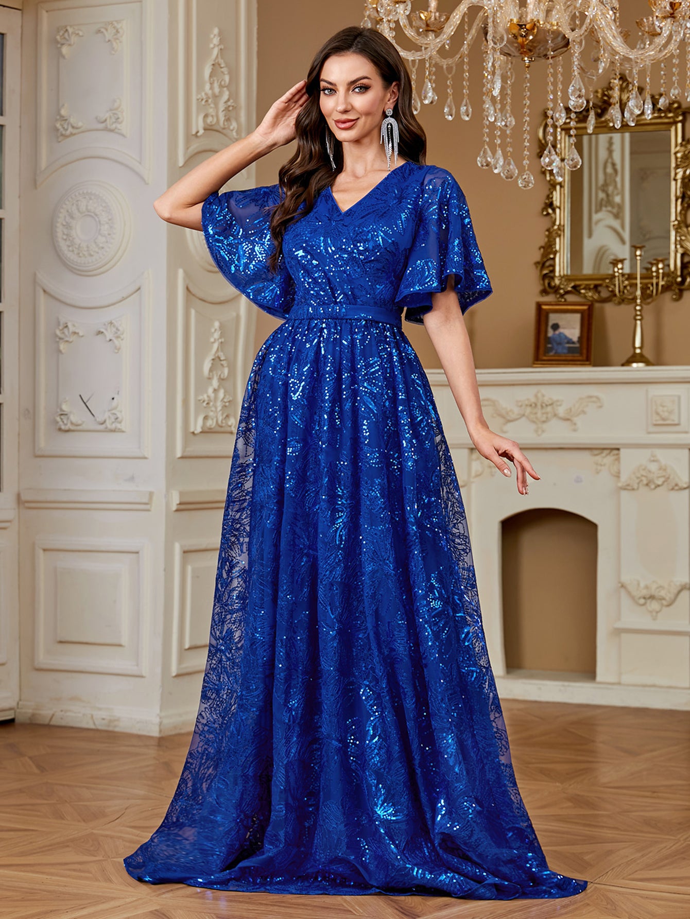 Royal Blue Sequin Flutter‑Sleeve High Waist A‑Line Evening Gown