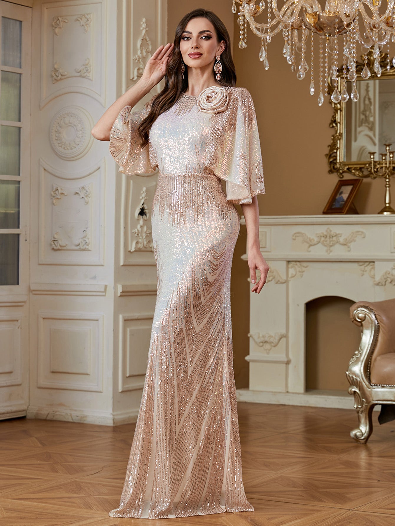 Champagne Gold 3D Flower Cape Sleeve Mermaid Evening Gown
