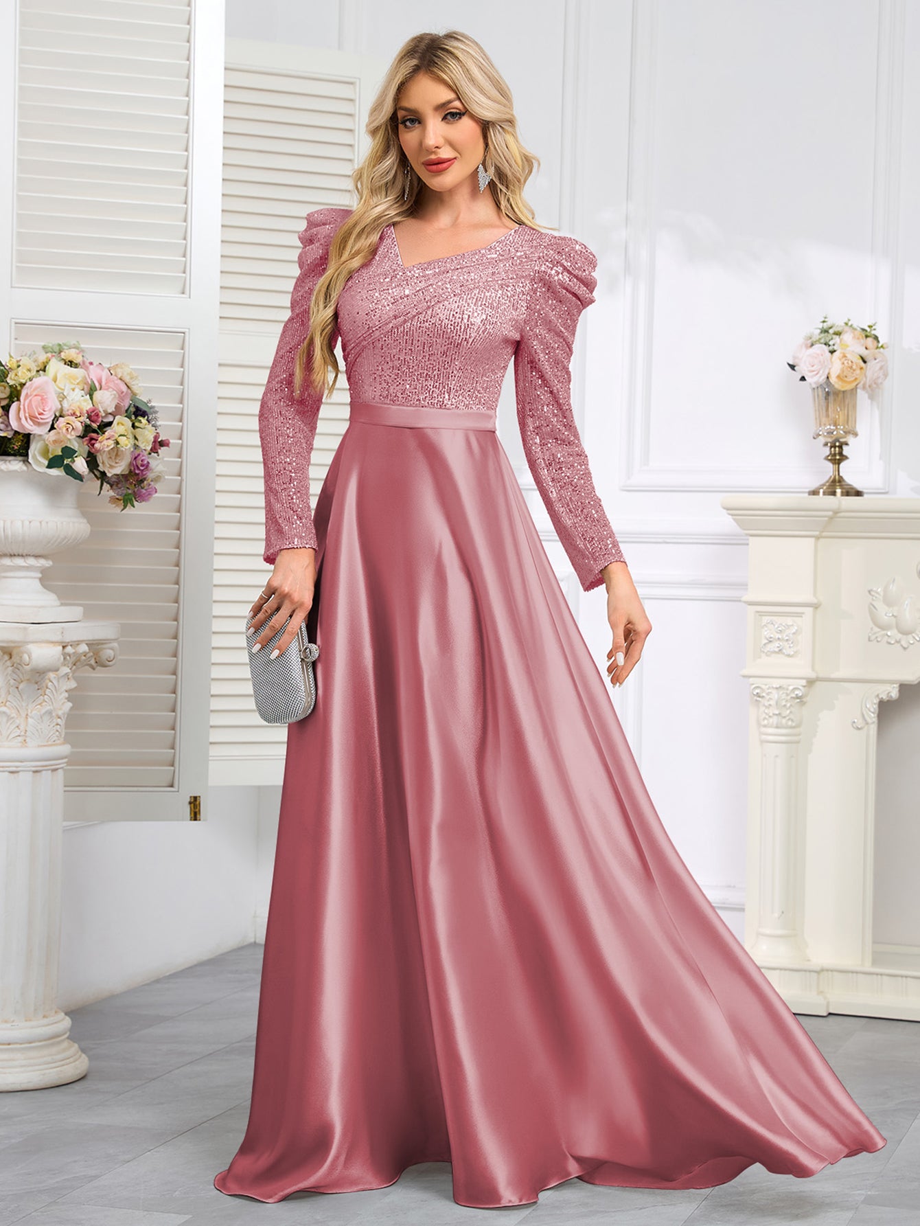 Dark Blue Satin Sequin Maxi Dress