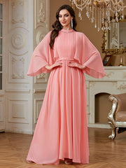 Peach Pink Rhinestone High Neck Cape Sleeve A‑Line Gown
