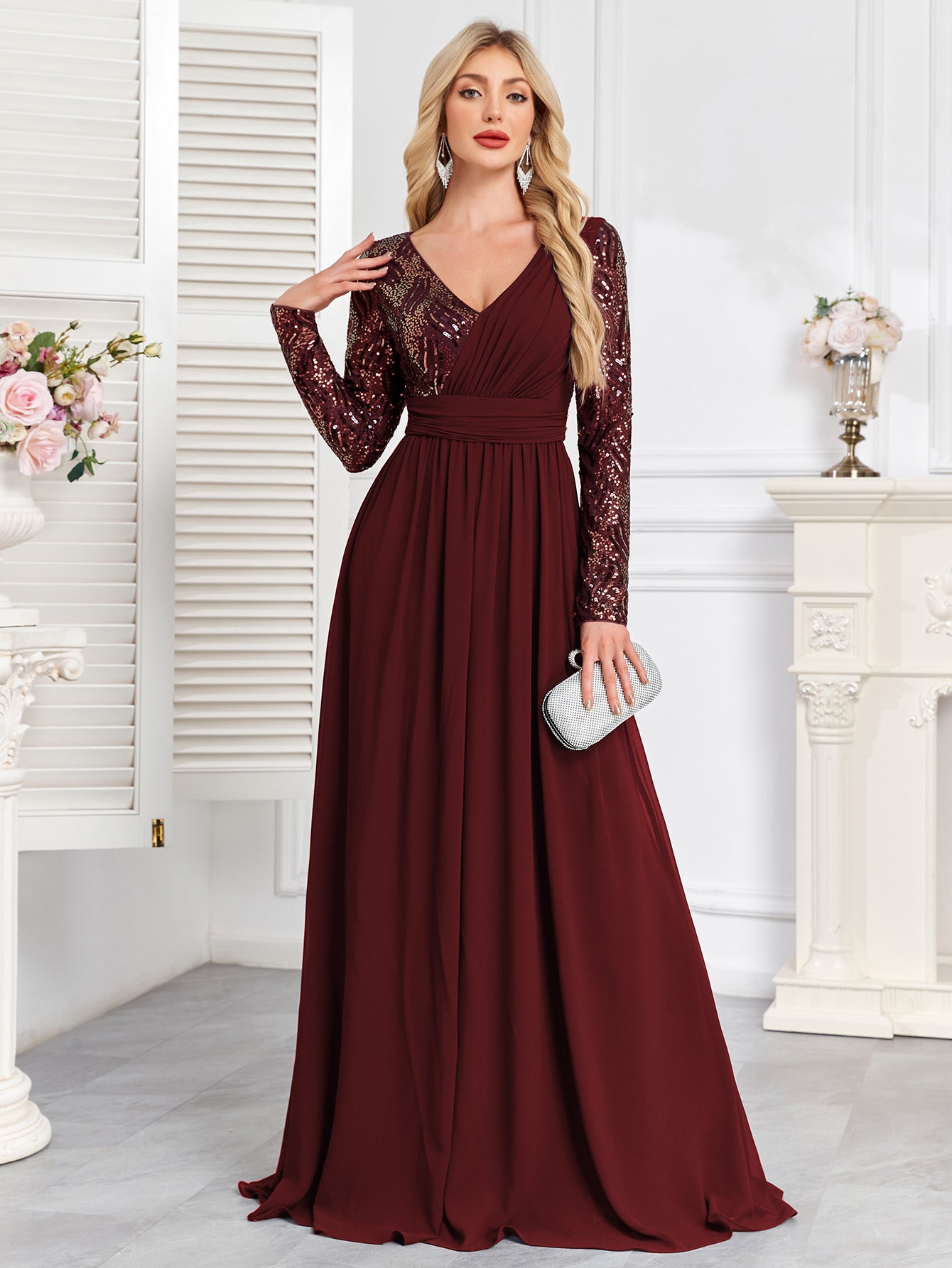 Navy Blue Multicolor Sequin Long Sleeve A‑Line Evening Gown