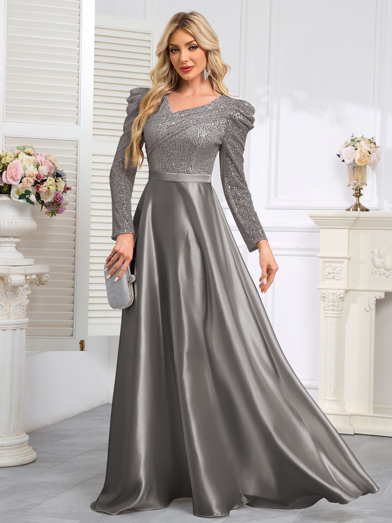 Dark Blue Satin Sequin Maxi Dress