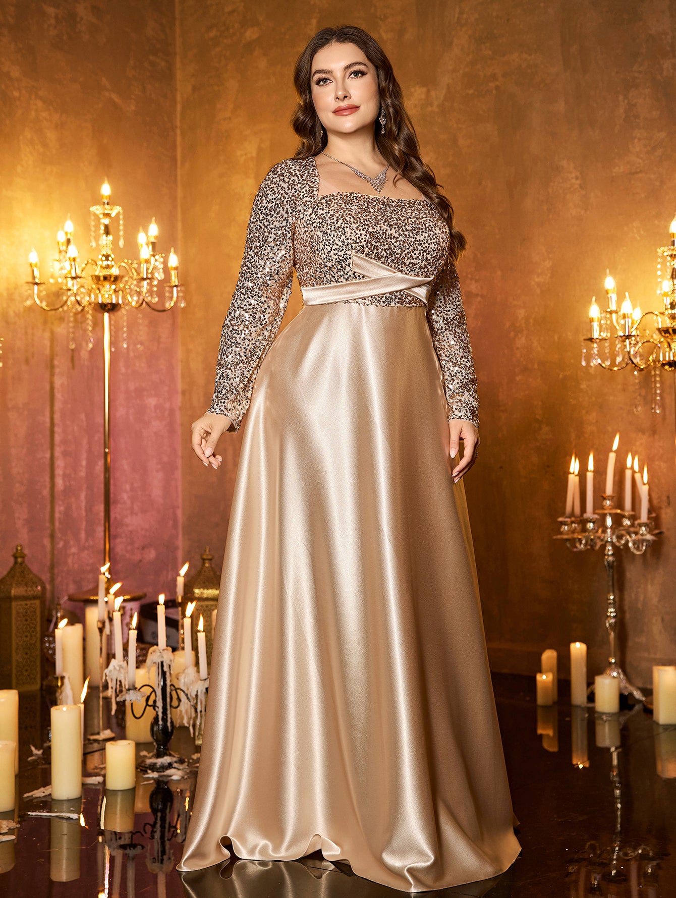 Champagne Silver Beaded High‑Waist A‑Line Plus Size Evening Gown