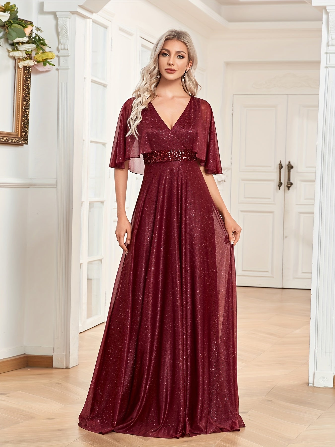 Cape Sleeve Sequin Bridesmaid Dress, Elegant Surplice Neck Floor Length Dress For Wedding Party | XUIBOL