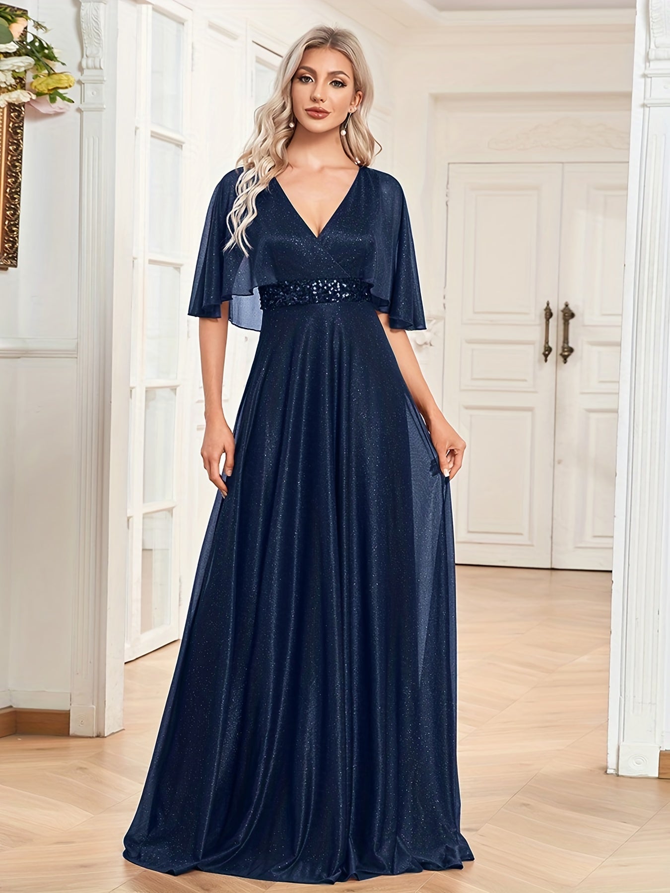 Cape Sleeve Sequin Bridesmaid Dress, Elegant Surplice Neck Floor Length Dress For Wedding Party | XUIBOL