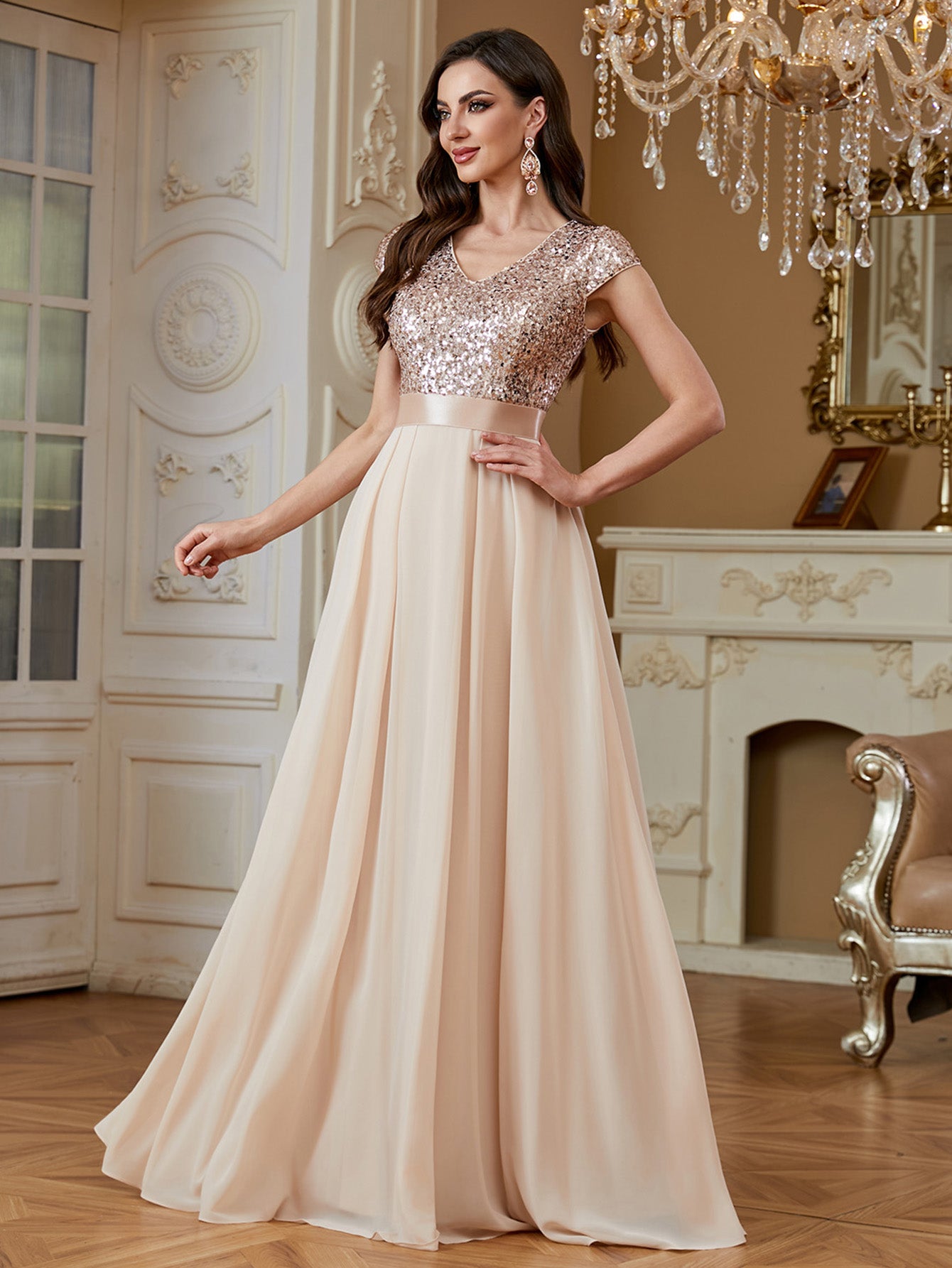 Champagne Sequin Cap Sleeve V Neck A Line Long Evening Dress
