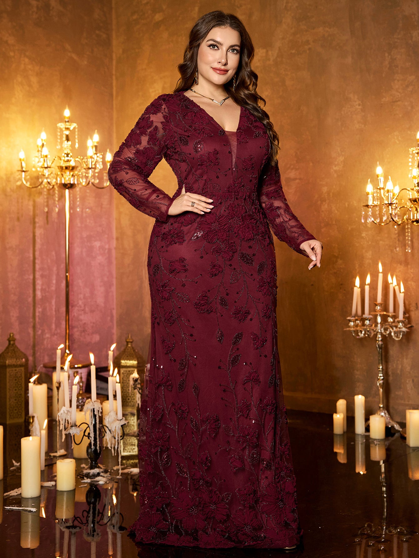 Burgundy Floral Embroidery Sequin Deep‑V Long‑Sleeve Plus‑Size Mermaid Evening Gown