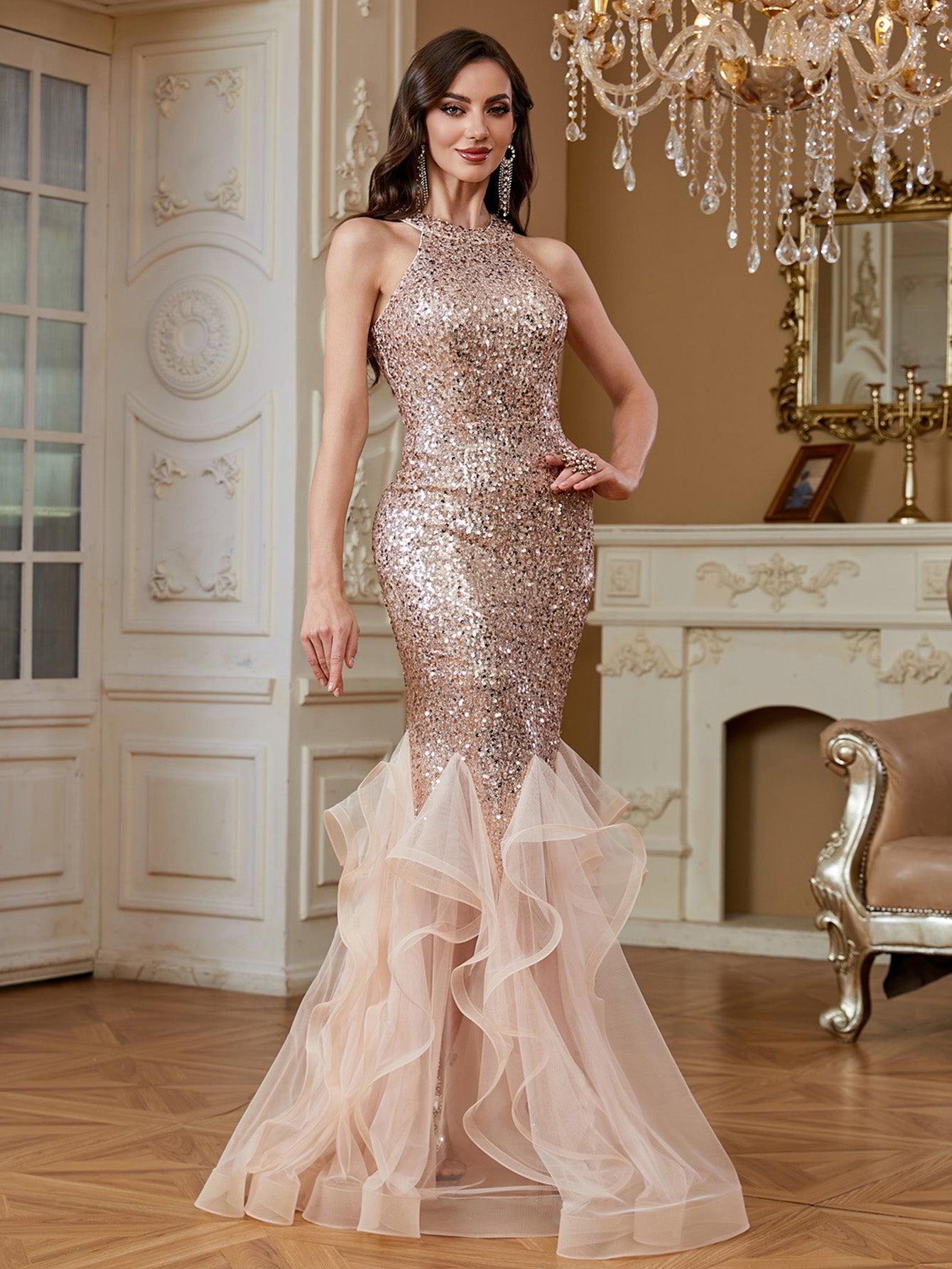 Rose Gold Sequin Halter Ruffle Tulle Mermaid Evening Gown