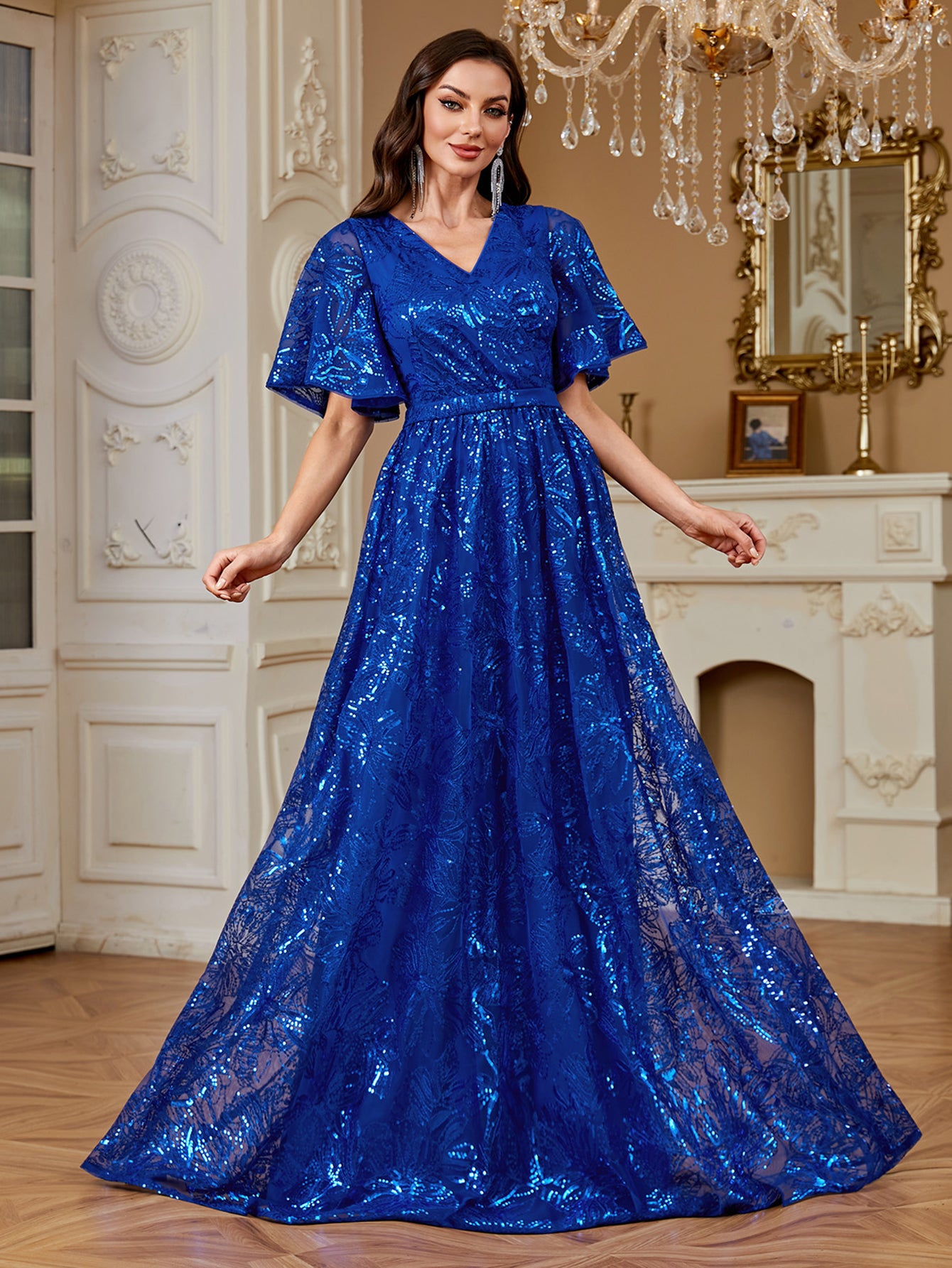 Elegant Formal Party Embroidered Sequin Long Dress