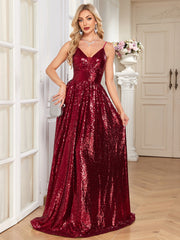 Burgundy Sequin Deep V A‑Line Maxi Dress, Sparkly Formal Evening Gown