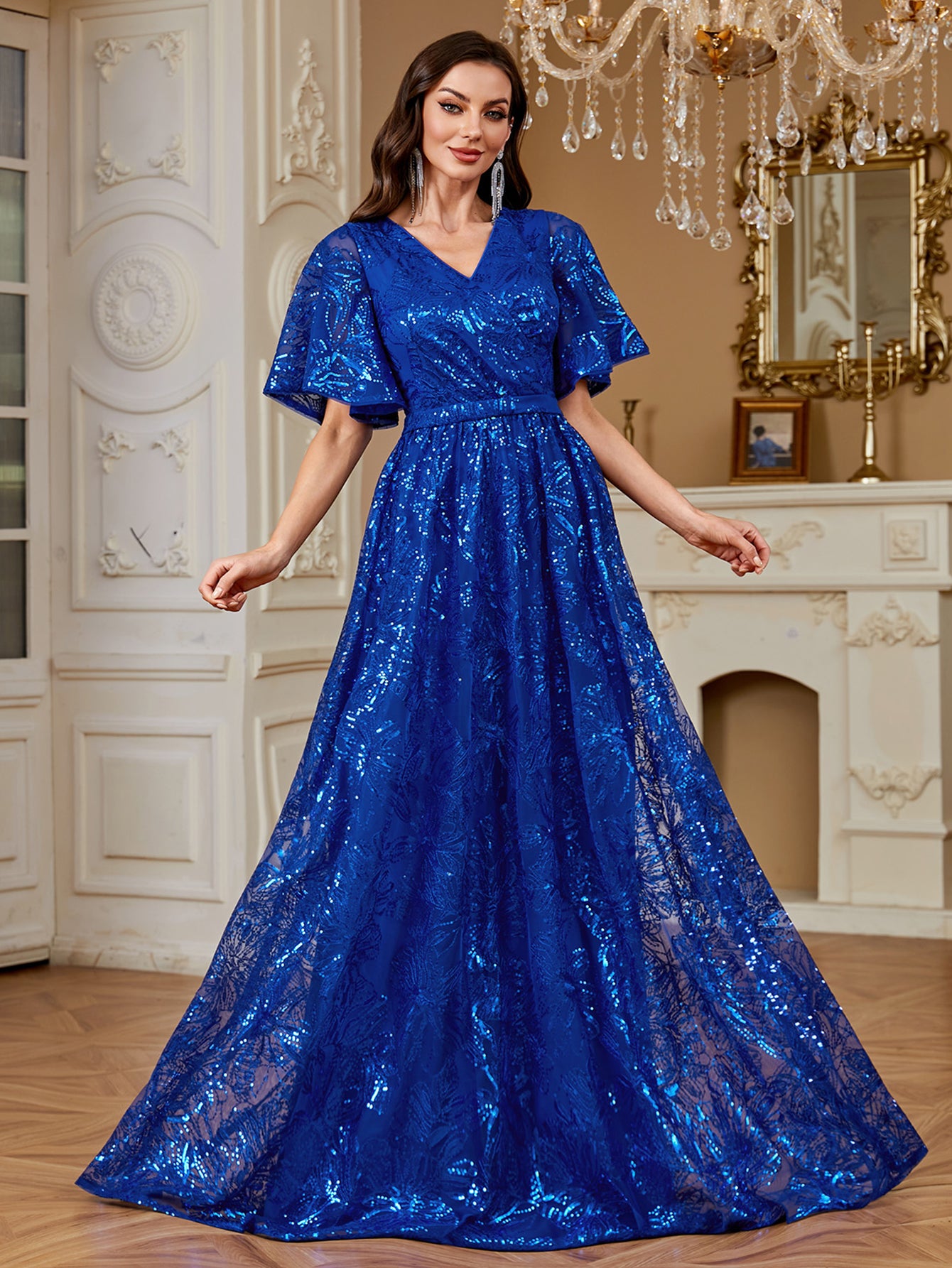 Royal Blue Sequin Flutter‑Sleeve High Waist A‑Line Evening Gown