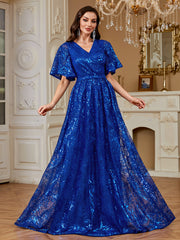 Royal Blue Sequin Flutter‑Sleeve High Waist A‑Line Evening Gown