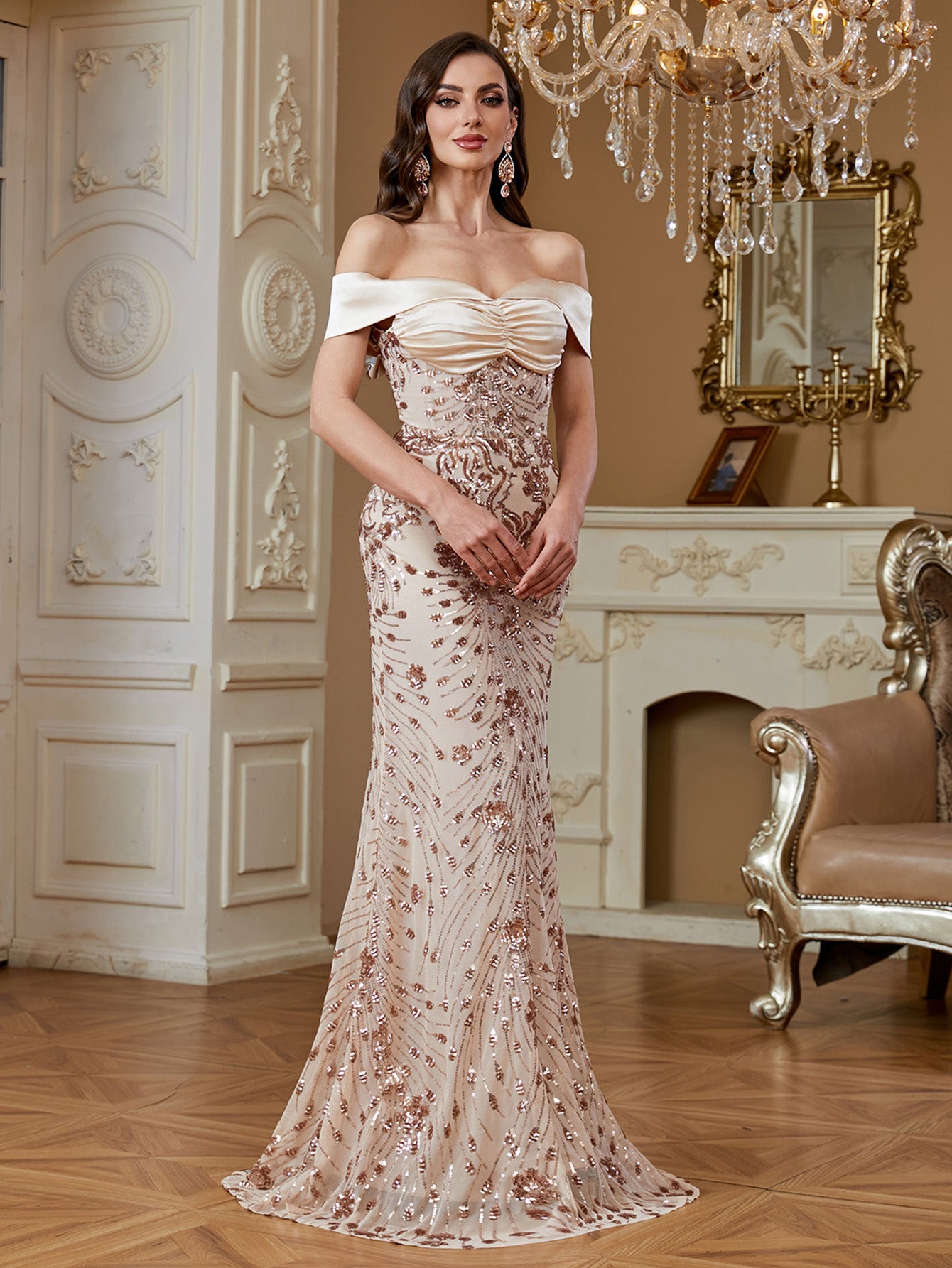 Champagne Sequin Satin Bow Off‑Shoulder Mermaid Dress