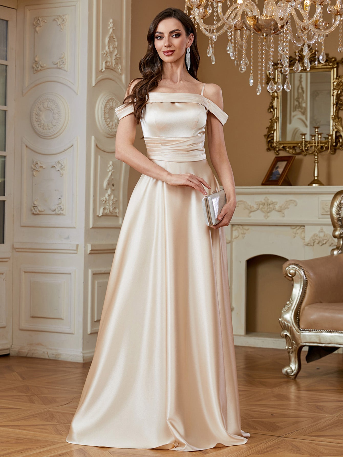 Champagne Off‑Shoulder Strap Satin A‑Line Evening Gown