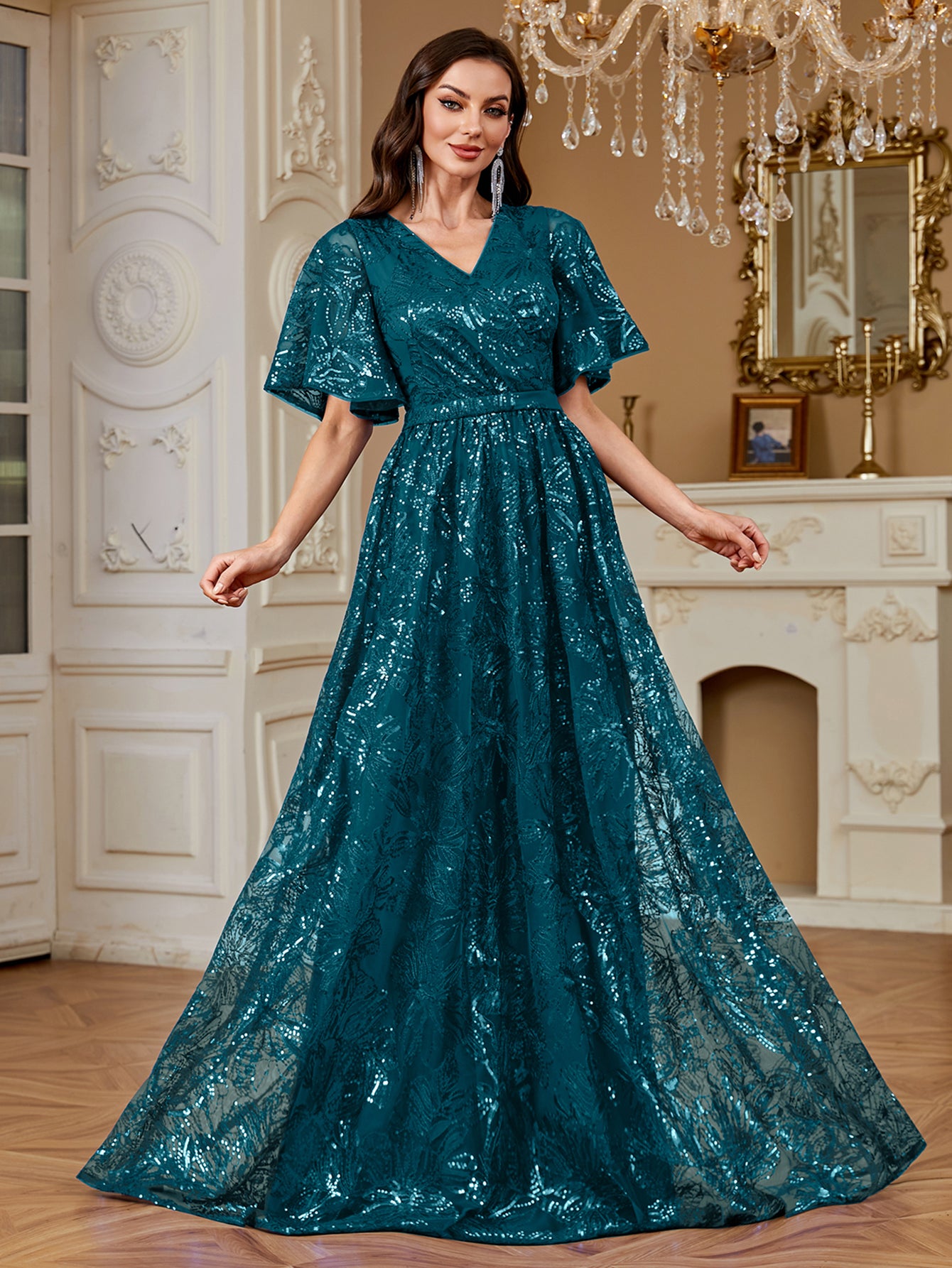 Elegant Formal Party Embroidered Sequin Long Dress