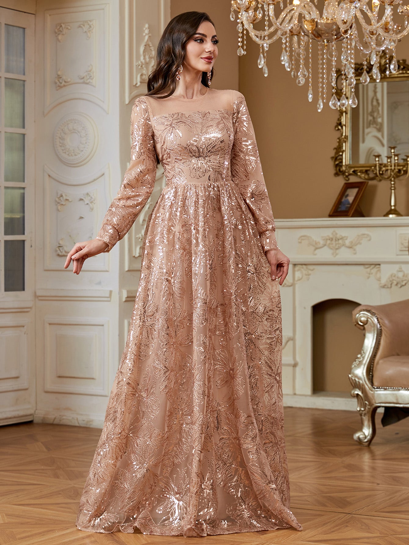 Rose Gold Floral Sequin Long Sleeve A‑Line Evening Gown