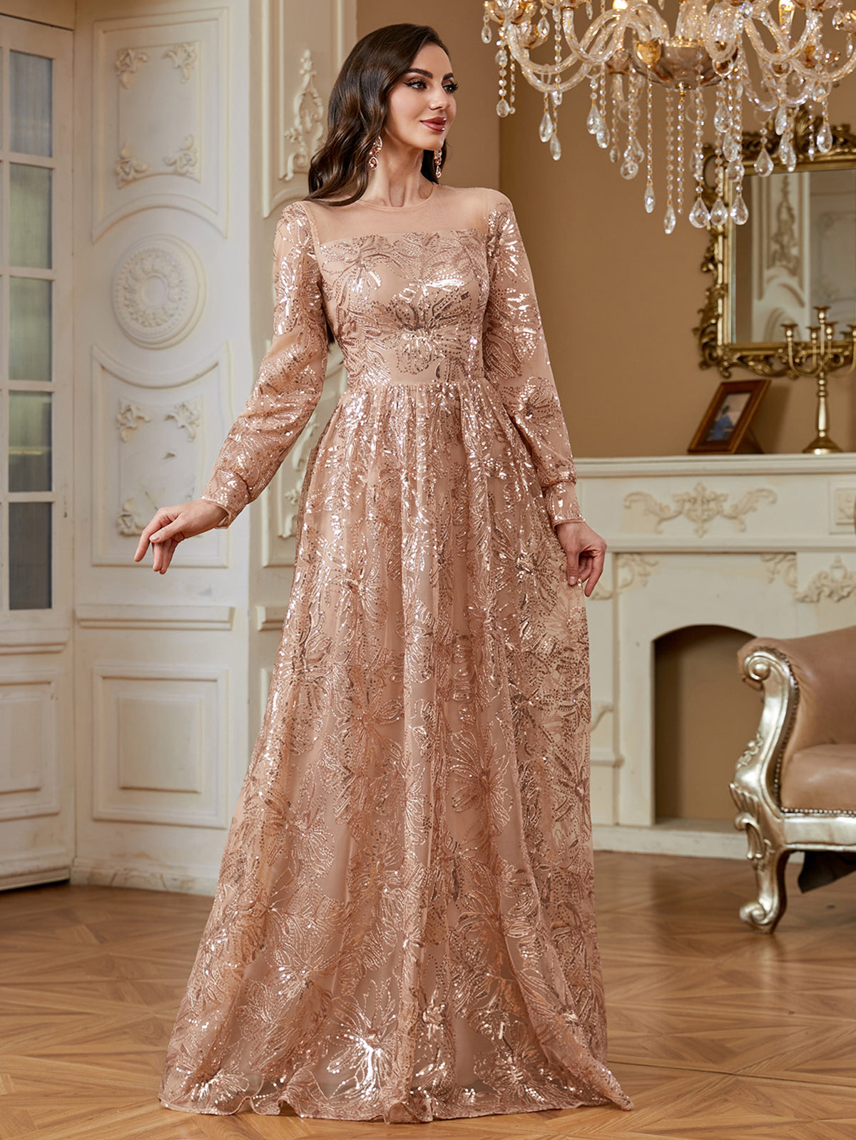 Rose Gold Floral Sequin Long Sleeve A‑Line Evening Gown