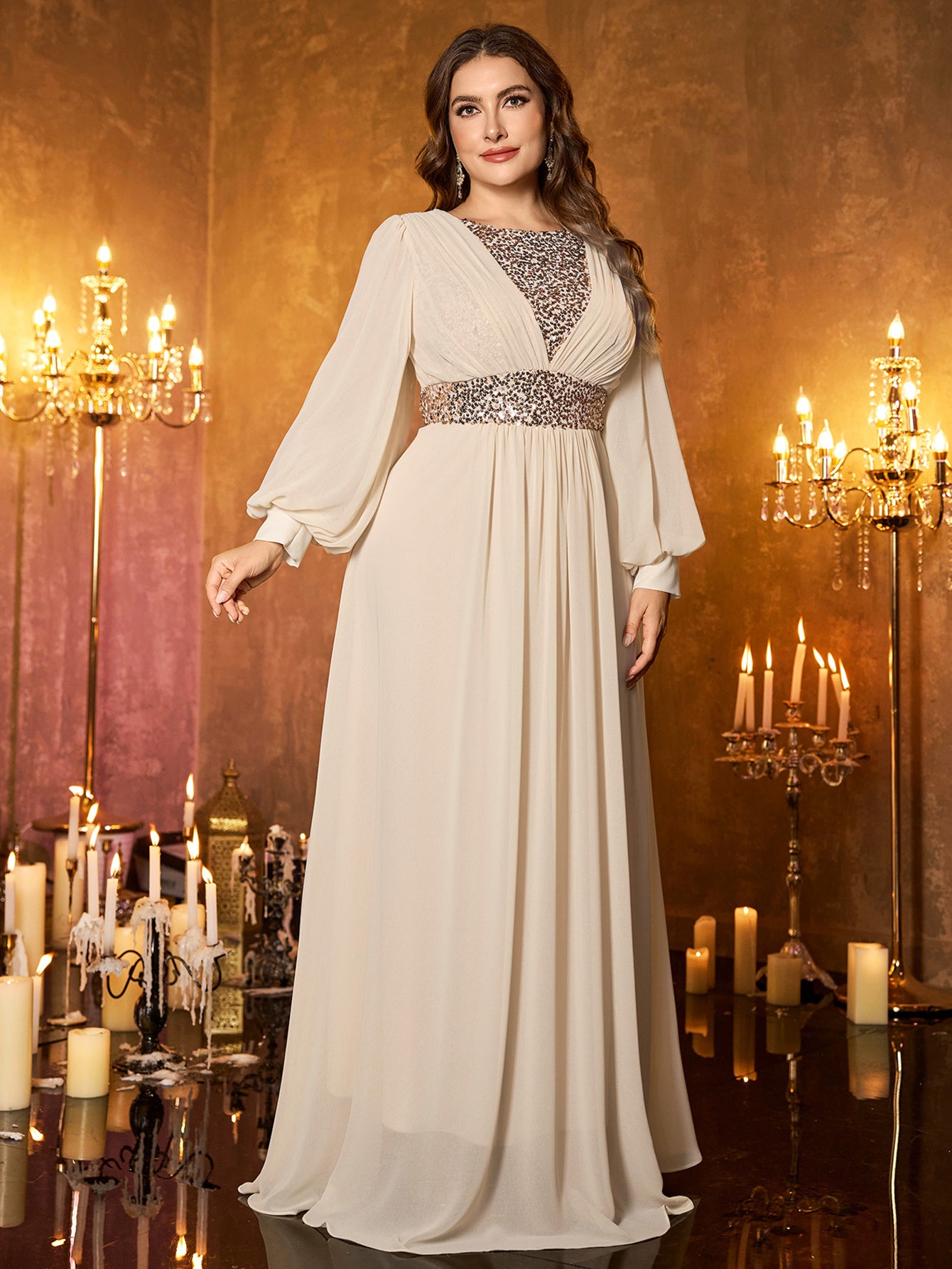 Off‑White Sheer Chiffon Lantern Sleeve Silver Beaded Waist Plus‑Size A‑Line Formal Dress