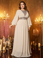 Off‑White Sheer Chiffon Lantern Sleeve Silver Beaded Waist Plus‑Size A‑Line Formal Dress