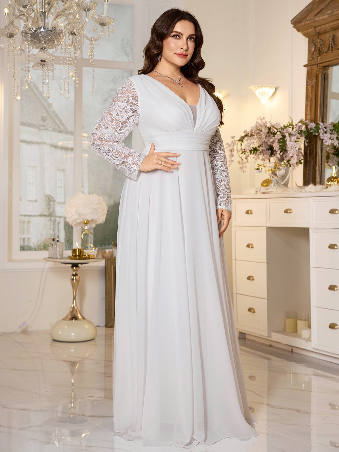 White Lace Long‑Sleeve High‑Waist A‑Line Plus Size Evening Gown
