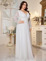 White Lace Long‑Sleeve High‑Waist A‑Line Plus Size Evening Gown
