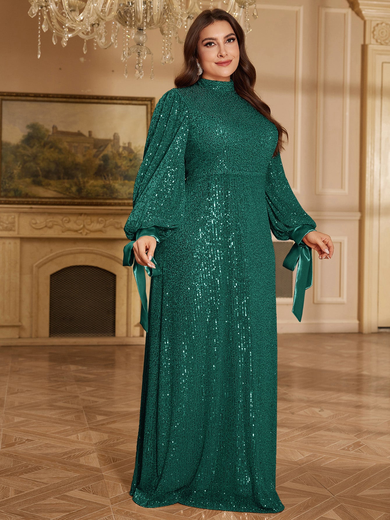Champagne Bronze Floral Sequin Asymmetric Sleeve Mermaid Evening Gown
