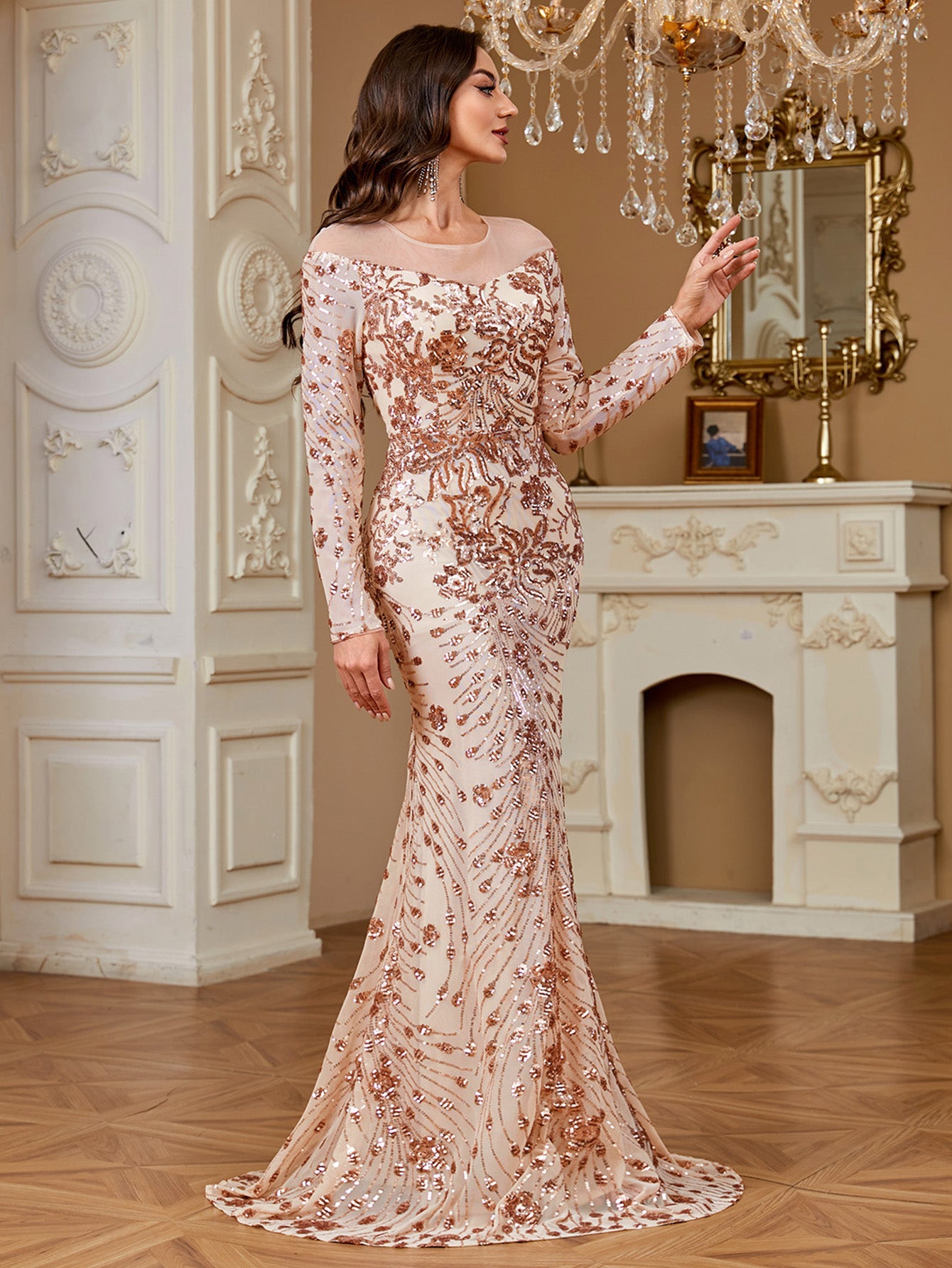 Nude Rose Gold Floral Sequin Illusion Long Sleeve Mermaid Evening Gown