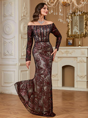 Burgundy Sequin Corset Off Shoulder Mermaid Evening Gown