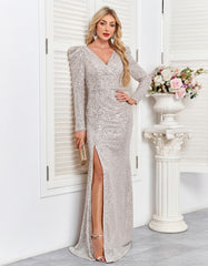 Champagne Silver Sequin Ruched Mermaid Long Evening Dress