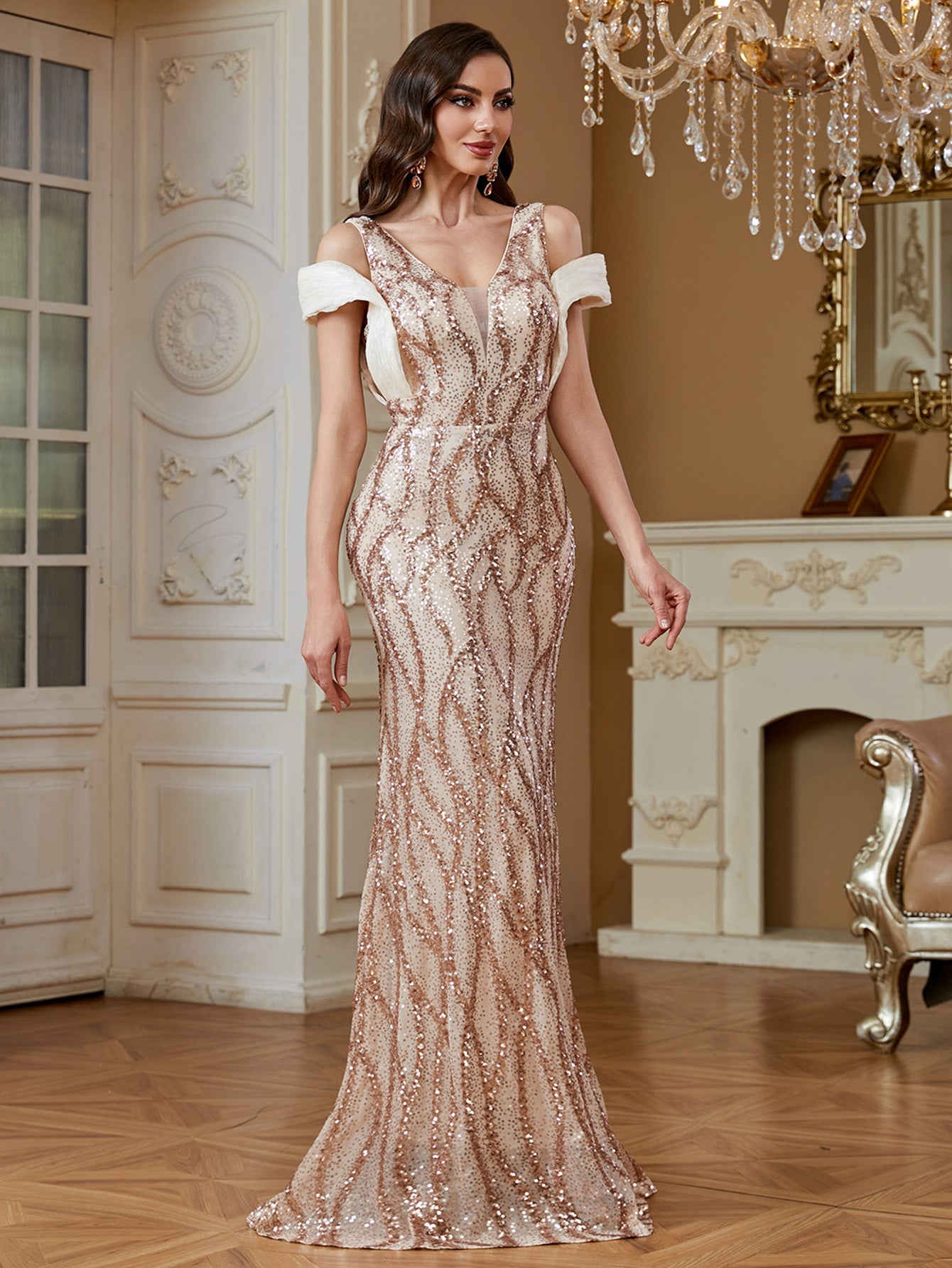 Champagne Rose Gold Wave Sequin Deep V Mermaid Formal Dress