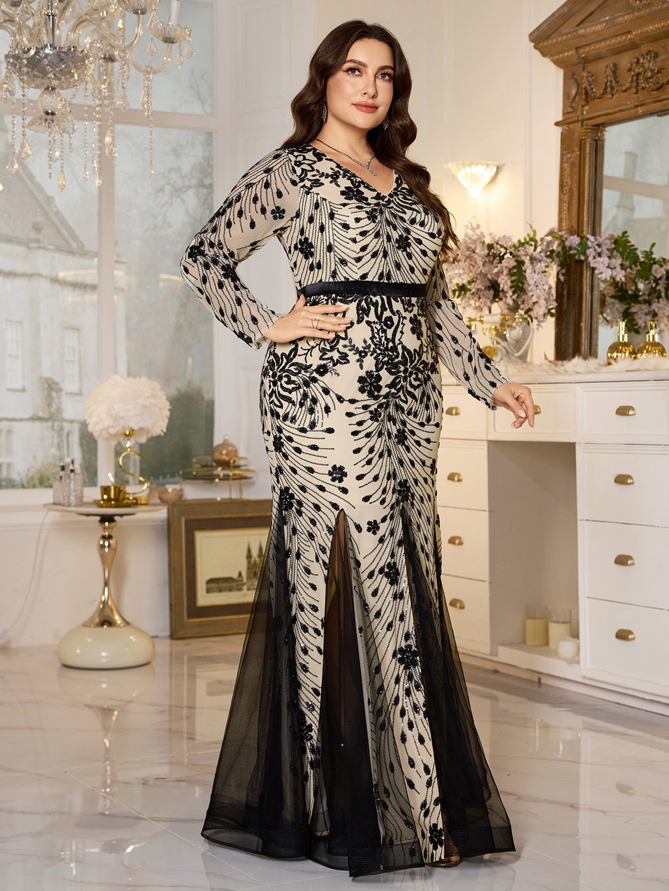 Beige‑Base Black Floral Sequin V‑Neck Long‑Sleeve Split Plus‑Size Mermaid Evening Gown