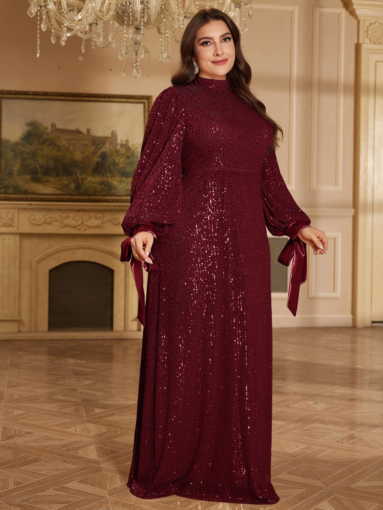 Champagne Bronze Floral Sequin Asymmetric Sleeve Mermaid Evening Gown