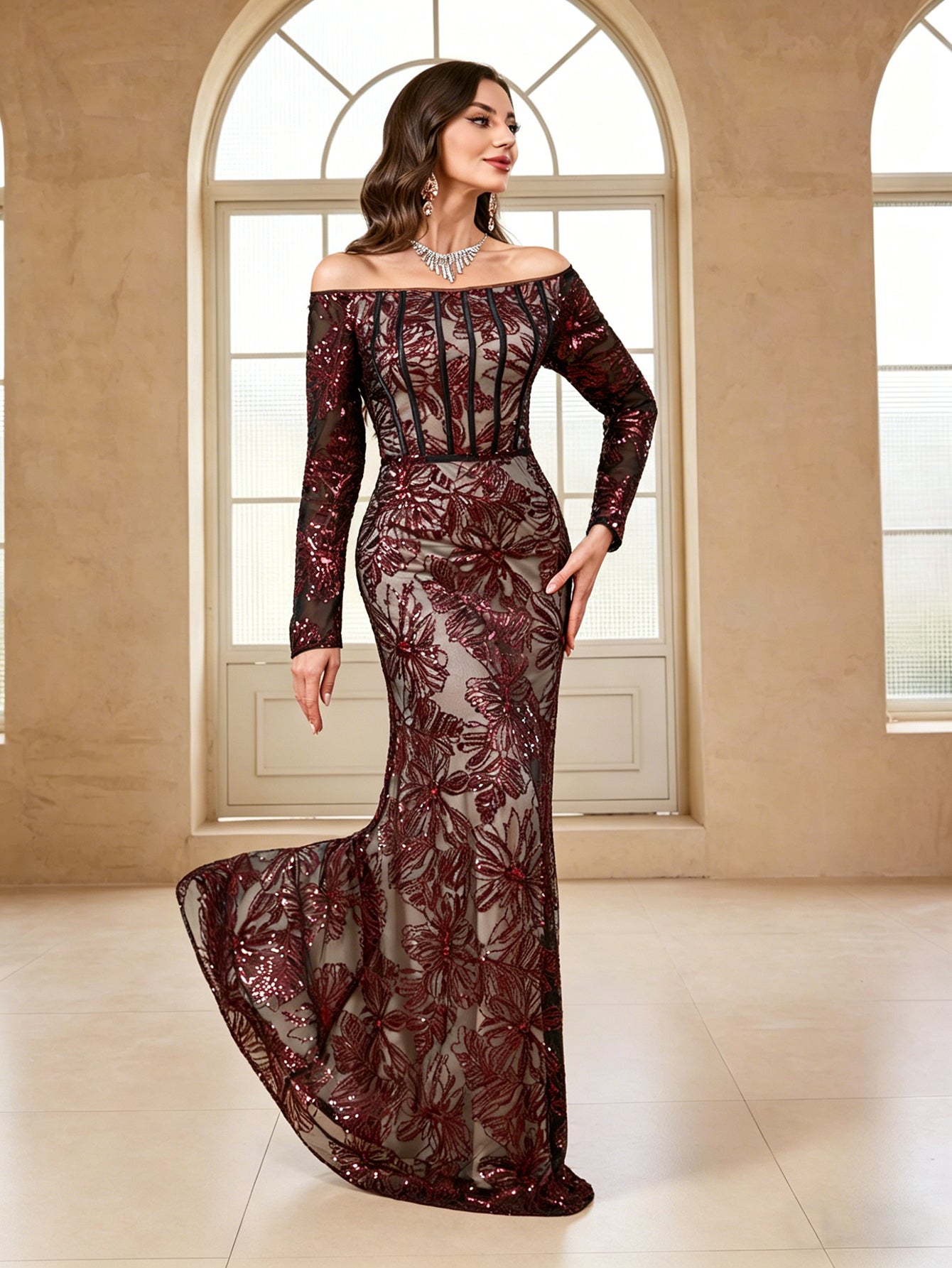 Tailored Off Shoulder Sequin Embroidered Long Dress