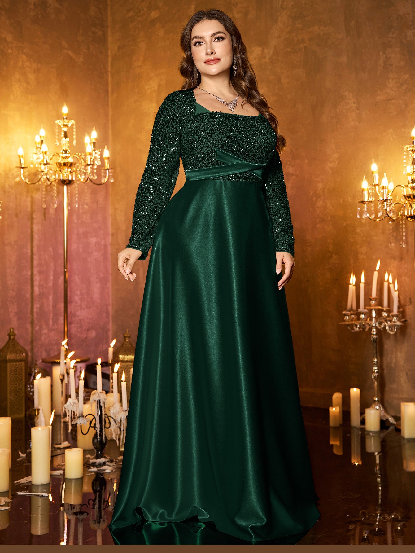 Champagne Silver Beaded High‑Waist A‑Line Plus Size Evening Gown