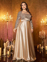 Champagne Silver Beaded High‑Waist A‑Line Plus Size Evening Gown