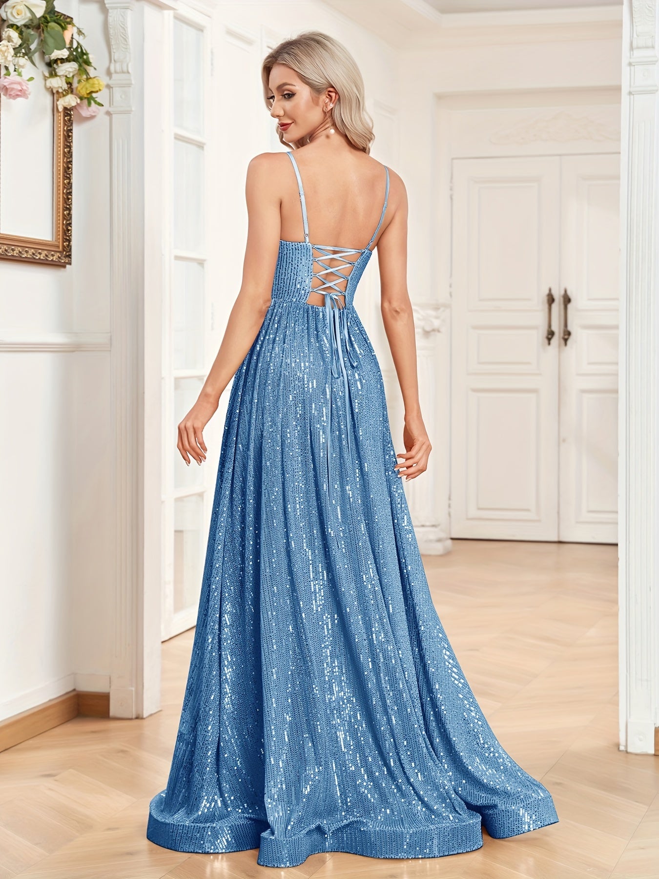 Sequined Bridesmaid Strap Dress, Elegant V-neck Floor Length Dress For Wedding Party | XUIBOL