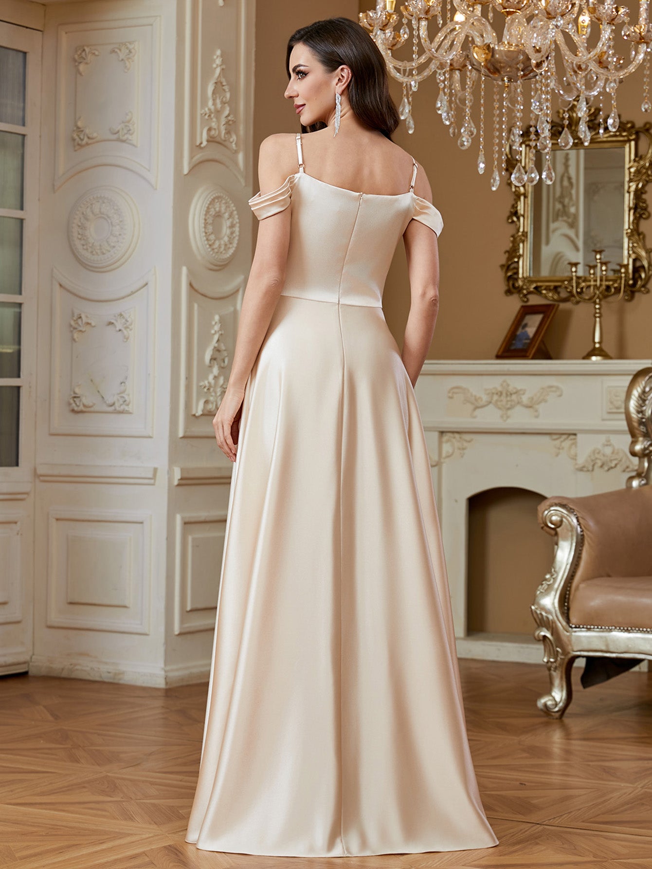 Champagne Off‑Shoulder Strap Satin A‑Line Evening Gown