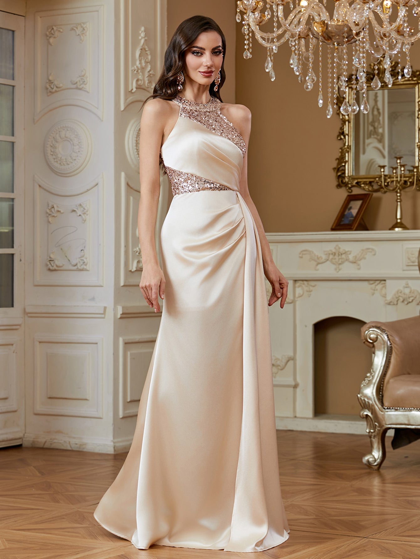 Sequin Halter Satin Evening Gown with Thigh-High Slit