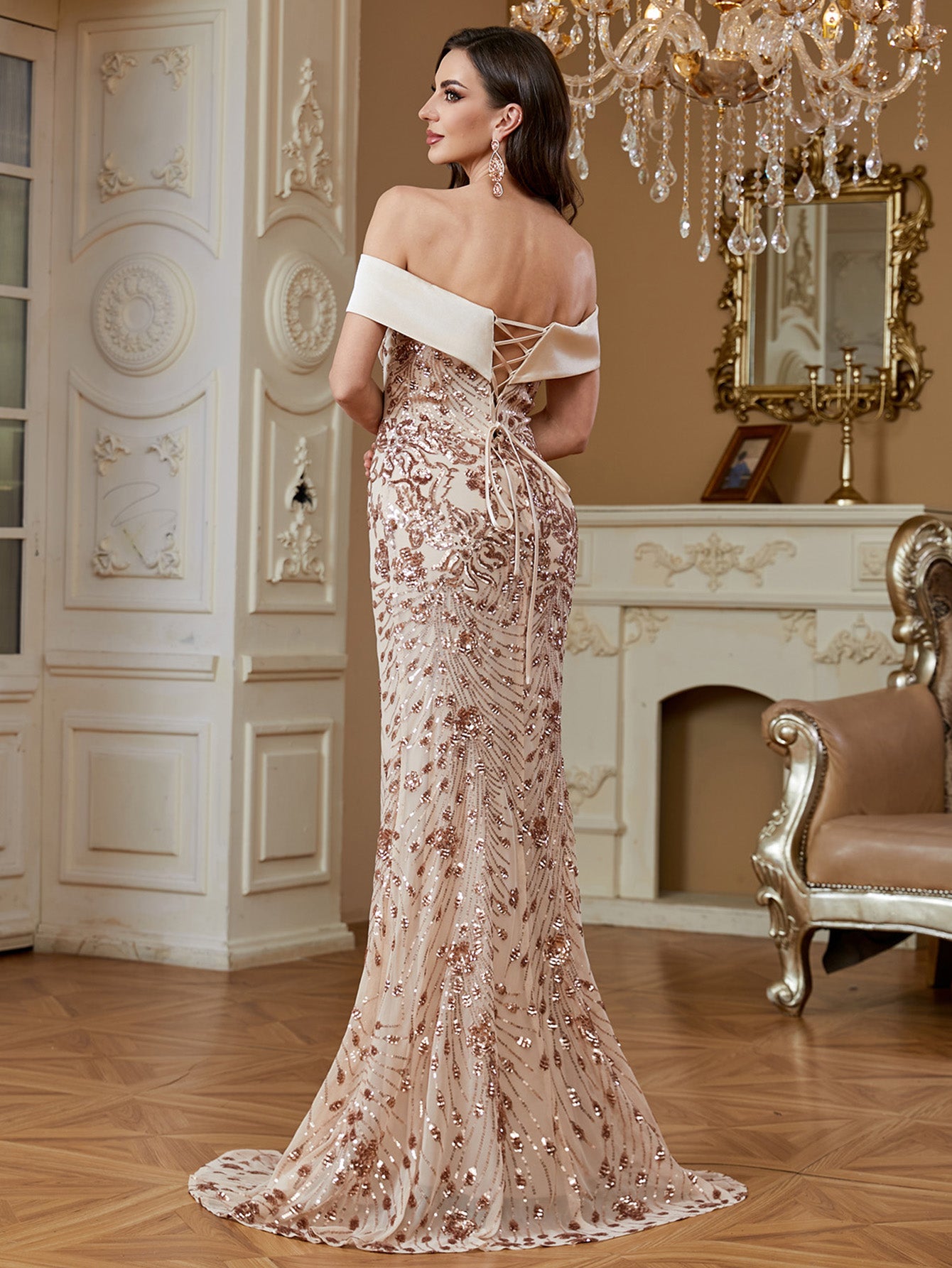 Champagne Sequin Satin Bow Off‑Shoulder Mermaid Dress